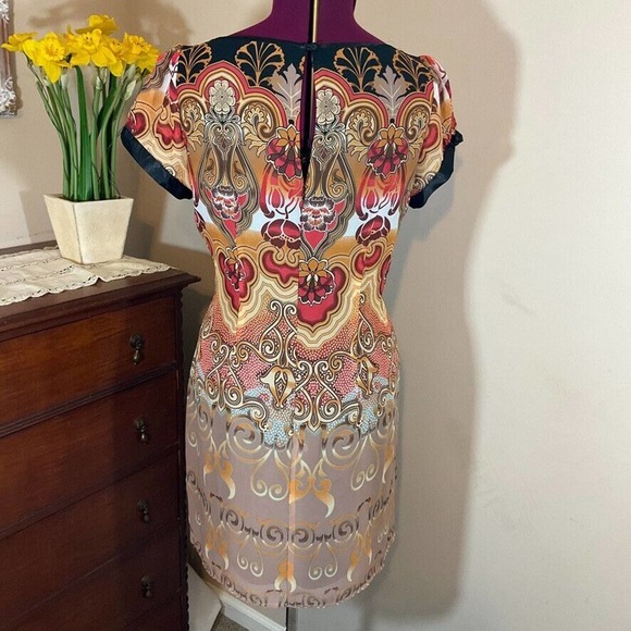 CATO Tropical Chiffon Dress Gold Red Browns Shortsleeved Lined Size 14 - Picture 7 of 16